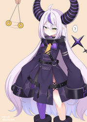 Rule 34 | 1girl, ?, aoi masami, beige background, belt, blush, hololive, horns, hypnosis, la+ darknesss, long hair, mind control, necktie, pointy ears, purple hair, purple thighhighs, silver hair, simple background, single thighhigh, sleeves past wrists, solo focus, spoken question mark, tail, thighhighs, very long hair, virtual youtuber, yellow eyes