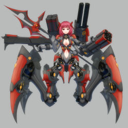 Rule 34 | 1girl, absurdres, breasts, cannon, cleavage, extra arms, full body, gatling gun, grey background, gun, highres, holding, holding weapon, large breasts, looking at viewer, machinery, magnetic weapon, mcrc science, mecha musume, mechanical legs, original, polearm, railgun, red eyes, red hair, rocket launcher, simple background, solo, spear, turret, weapon