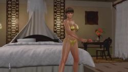 Rule 34 | 1girl, 3d, animated, ass, bedroom, bikini, black eyes, breasts, brown hair, cleavage, dead or alive, dead or alive xtreme 3 fortune, female focus, gold bikini, hitomi (doa), looking at viewer, video, navel, ponytail, side-tie bikini bottom, sound, swimsuit, tagme, tan