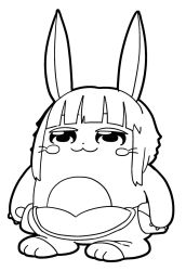 Rule 34 | 1girl, :3, animal ears, bkub, blunt bangs, chibi, commentary, furry, furry female, greyscale, made in abyss, monochrome, nanachi (made in abyss), pants, short hair, sidelocks, simple background, solo, topless, whiskers, white background