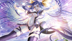 Rule 34 | 1girl, angel wings, asymmetrical wings, bare shoulders, belt, black panties, blue hair, blush, breasts, building, choker, cleavage, detached sleeves, dizzy (guilty gear), flying, gluteal fold, guilty gear, highres, large breasts, monster girl, navel, open mouth, panties, red eyes, ribbon, see-through, see-through sleeves, sidelocks, solo, sunlight, tail, tail ornament, tail ribbon, thigh strap, thighhighs, thighs, tongari, twintails, underboob, underwear, water, wings, yellow ribbon