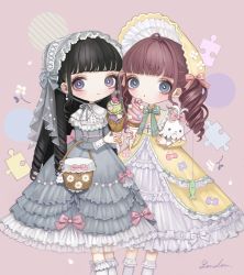 Rule 34 | 2girls, black hair, blunt bangs, blush, bonnet, bow, bright pupils, brown hair, dress, drill hair, feet out of frame, flower, food, frilled dress, frilled legwear, frills, grey dress, grey eyes, heart, ice cream, long hair, long sleeves, looking at viewer, multiple girls, no nose, original, pink bow, puzzle piece, ringlets, shirosaki london, signature, smile, socks, white flower, white legwear, white pupils, yellow dress