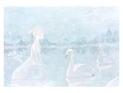Rule 34 | 1girl, between legs, bird, blue theme, border, closed eyes, dress, hand between legs, highres, kneeling, lake, no mouth, original, outdoors, reflection, reflective water, sky, solo, swan, tensen, traditional media, tree, white border, white dress