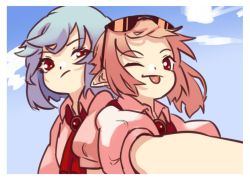 Rule 34 | 2girls, ascot, blonde hair, blue hair, blue sky, cloud, cloudy sky, collared shirt, day, flandre scarlet, gem, multiple girls, one eye closed, outdoors, pink shirt, pointy ears, puffy short sleeves, puffy sleeves, reaching, reaching towards viewer, red ascot, red eyes, remilia scarlet, selfie, shirt, short hair, short sleeves, siblings, sisters, sky, smile, sunglasses, tongue, tongue out, touhou, upper body, yoruny