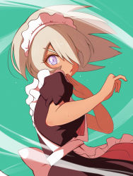 Rule 34 | 1girl, alternate costume, apron, bea (pokemon), black dress, blush, commentary request, creatures (company), dark-skinned female, dark skin, dress, enmaided, fighting stance, flying sweatdrops, from side, game freak, green background, grey hair, gym leader, hair between eyes, highres, kurachi mizuki, looking at viewer, looking to the side, maid, maid apron, maid headdress, nintendo, open mouth, pokemon, pokemon swsh, purple eyes, short sleeves, solo, sweat, tongue, v-shaped eyebrows