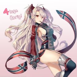 Rule 34 | 1girl, antenna hair, azur lane, black thighhighs, blush, boots, breasts, clothing cutout, countdown, cross, finger to mouth, garter straps, gloves, gradient background, hair between eyes, headgear, highres, iron cross, knee up, large breasts, long hair, looking at viewer, mole, mole on breast, multicolored hair, norwegian flag, parted lips, pink background, prinz eugen (azur lane), red hair, shintou, side cutout, sideboob, sidelocks, silver hair, simple background, smile, solo, streaked hair, swept bangs, thigh boots, thighhighs, two side up, very long hair, watermark, wide sleeves