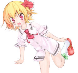 Rule 34 | 1girl, blonde hair, cherry blossoms, fang, gplnbeat, hair ribbon, hand on foot, highres, kneehighs, leaning forward, looking at viewer, necktie, no pants, open mouth, panties, red eyes, ribbon, ribbon-trimmed legwear, ribbon trim, rumia, short hair, short sleeves, simple background, socks, solo, standing, standing on one leg, touhou, underwear, white background, white panties, white socks