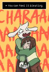 Rule 34 | 1boy, :&gt;, androgynous, animated, animated gif, artist name, asriel dreemurr, blank eyes, blush, blush stickers, brown hair, chara (undertale), closed eyes, commentary, controller, english text, fangs, furry, furry male, game console, game controller, height difference, hug, monster boy, nintendo 64, o o, open mouth, peppermintbee, pun, shirt, siblings, source quote, source quote parody, spoilers, striped clothes, striped shirt, sweater, tears, undertale, watermark