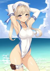 Rule 34 | 1girl, absurdres, arms behind head, beret, blonde hair, blue eyes, blue sky, breasts, cleavage, cloud, commentary request, competition swimsuit, cowboy shot, cucouroux (granblue fantasy), day, elbow gloves, gloves, granblue fantasy, hat, highleg, highleg swimsuit, highres, horizon, long hair, looking at viewer, medium breasts, ocean, one-piece swimsuit, outdoors, pm tii (matuko1024), sky, solo, standing, swimsuit, twintails, water, white gloves, white hat, white one-piece swimsuit