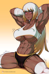Rule 34 | 1girl, abs, armpits, arms behind head, arms up, bbc-chan, black shorts, blonde hair, blunt bangs, bob cut, borrowed character, breasts, cameltoe, commentary, covered erect nipples, dark skin, english commentary, exercising, freckles, hand wraps, highres, large breasts, lips, multicolored hair, muscular, muscular female, navel, original, red eyes, short hair, short shorts, shorts, sit up, solo, split, sports bra, spread legs, sweat, thick thighs, thighhighs, thighs, two-tone hair, underboob, white hair, white legwear
