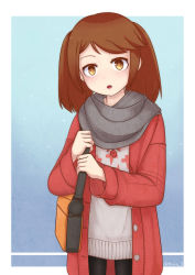 Rule 34 | 10s, 1girl, :o, bag, brown hair, buttons, coat, eyebrows, highres, holding, holding bag, jacy, kantai collection, open mouth, pantyhose, ryuujou (kancolle), scarf, simple background, snowing, solo, sweater, twintails, yellow eyes