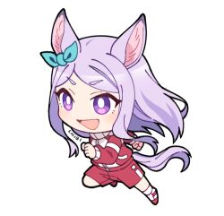 Rule 34 | 1girl, animal ears, artist name, bow, bright pupils, chibi, clenched hands, ear bow, full body, horse ears, horse girl, horse tail, jacket, light blush, long hair, long sleeves, looking afar, mejiro mcqueen (umamusume), open mouth, purple eyes, purple hair, red jacket, red shorts, shoes, shorts, simple background, smile, sneakers, socks, solo, tail, tomato mameta, tracen training uniform, track jacket, umamusume, white background, white pupils, white socks