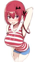 Rule 34 | 1girl, absurdres, arm behind head, arm up, armpits, bare arms, bare shoulders, bat hair ornament, blouse, blue shorts, breasts, collarbone, cowboy shot, drawstring, gabriel dropout, greatmosu, green shirt, hair between eyes, hair ornament, highres, hood, hood down, hoodie, large breasts, leaning forward, looking at viewer, perspective, purple eyes, red hair, red shirt, satanichia kurumizawa mcdowell, shirt, short hair, short shorts, shorts, sidelocks, simple background, sleeveless, sleeveless shirt, solo, standing, striped clothes, striped shirt, thighs, v-shaped eyebrows, white background