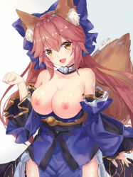 Rule 34 | 10s, 1girl, animal ear fluff, animal ears, bare shoulders, blue ribbon, blush, breasts, breasts out, cleavage, collarbone, detached sleeves, fang, fate/extra, fate/grand order, fate (series), fox ears, fox girl, fox tail, hair ribbon, highres, japanese clothes, large breasts, looking at viewer, nipples, open mouth, paw pose, pink hair, qtian, ribbon, simple background, solo, tail, tamamo (fate), tamamo no mae (fate/extra), thighs, white background, yellow eyes