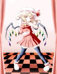 Rule 34 | 1girl, ankle boots, ascot, blonde hair, boots, checkered floor, curtains, flandre scarlet, floor, hand up, hat, hat ribbon, highres, lens flare, light smile, looking at viewer, mob cap, navel, pink background, red eyes, ribbon, sd-sos, short hair, short sleeves, side ponytail, skirt, skirt set, solo, thighhighs, touhou, wings, zettai ryouiki