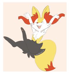Rule 34 | 1girl, animal ear fluff, animal ears, animal hands, arms up, artist name, blush, border, braixen, claws, closed eyes, creatures (company), dated, female focus, fox ears, fox tail, furry, furry female, game freak, gen 6 pokemon, highres, jpeg artifacts, light blush, mezmaroon, nintendo, open mouth, pawpads, pokemon, pokemon (creature), signature, simple background, smile, solo, tail, teeth, white border