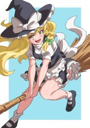 Rule 34 | 1girl, ass, black footwear, black hat, black skirt, black vest, blonde hair, bow, braid, broom, broom riding, fang, frilled skirt, frills, gyouza (mhea5724), hat, hat bow, highres, kirisame marisa, long hair, open mouth, puffy short sleeves, puffy sleeves, shirt, shoes, short sleeves, single braid, skirt, smile, socks, solo, touhou, vest, white bow, white shirt, white socks, witch hat, yellow eyes