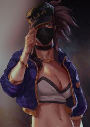 Rule 34 | 1girl, akali, blue eyes, bracelet, breasts, brown hair, choker, cleavage, hat tip, highres, jacket, jewelry, k/da (league of legends), k/da akali, league of legends, looking at viewer, mask, medium breasts, midriff, navel, open clothes, overgank, ponytail, solo