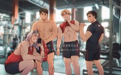 Rule 34 | 4boys, abs, alternate costume, alternate muscle size, ass, bara, black shorts, blush, bokuto koutarou, character request, frown, grin, haikyuu!!, holding, holding clothes, holding shirt, large pectorals, maddox rider, male focus, mirror, mirror image, multiple boys, muscular, muscular male, navel, nipples, one eye closed, pectorals, pointing, pointing at self, red shirt, red tank top, sawamura daichi, selfie, shirt, short hair, shorts, sideburns, smile, smug, stomach, sweat, tank top, thighs, tied sleeves, toned, toned male, topless male, v, wiping sweat