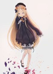 Rule 34 | 1girl, abigail williams (fate), absurdres, black bow, black dress, black footwear, black hat, blonde hair, bloomers, blue eyes, blush, bow, bug, butterfly, closed mouth, commentary request, dress, fate/grand order, fate (series), forehead, full body, grey background, hair bow, hat, highres, insect, long hair, long sleeves, looking at viewer, mary janes, orange bow, parted bangs, penpenpen (pizaman01414), polka dot, polka dot bow, shoes, simple background, sleeves past wrists, smile, solo, standing, standing on one leg, underwear, very long hair, white bloomers