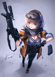 Rule 34 | 1girl, absurdres, assault rifle, blue eyes, blunt bangs, breasts, brown hair, cleavage, flashlight, foreshortening, from above, full body, glock, gloves, goggles, goggles on head, gun, gun sling, handgun, headset, highres, koh (minagi kou), looking at viewer, m4 carbine, magazine (weapon), medium breasts, original, rifle, scarf, sleeves rolled up, solo, standing, thigh strap, watch, weapon, wristwatch