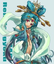 Rule 34 | 1girl, blue hair, character name, choker, djinn equip, forehead jewel, hair ornament, jewelry, long hair, lots of jewelry, magi the labyrinth of magic, navel, open mouth, red eyes, ren kougyoku, solo