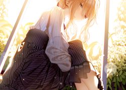 Rule 34 | 10s, 1girl, atha (leejuiping), backlighting, blonde hair, blouse, blue eyes, day, from below, from side, gloves, hair between eyes, half-closed eyes, highres, long hair, looking at viewer, plant, shirt, sitting, skirt, solo, striped clothes, striped shirt, striped skirt, sunlight, vertical-striped clothes, vertical-striped shirt, vertical-striped skirt, violet evergarden, violet evergarden (series)