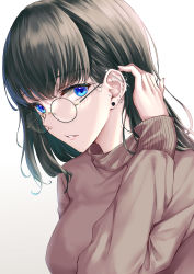 Rule 34 | 1girl, absurdres, black hair, blue eyes, breasts, brown sweater, commentary request, glasses, hand up, highres, long sleeves, medium breasts, original, parted lips, piercing, rama (yu-light8), round eyewear, short hair, simple background, solo, sweater, turtleneck, turtleneck sweater, upper body, white background