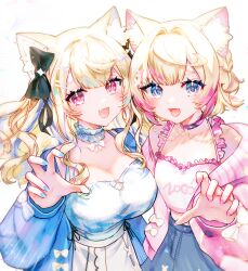 2girls :d absurdres animal_ear_fluff animal_ears blonde_hair blue_eyes blue_hair blue_jacket blue_nails blue_shirt blue_skirt bow breasts camisole claw_pose cleavage clothes_writing commentary crop_top dog_ears dog_girl double-parted_bangs frilled_camisole frills fuwawa_abyssgard fuwawa_abyssgard_(casual) hair_bow highres hololive hood hooded_jacket jacket large_breasts long_hair looking_at_viewer midriff mococo_abyssgard mococo_abyssgard_(casual) multicolored_hair multiple_girls nail_polish official_alternate_costume official_alternate_hairstyle open_mouth pink_eyes pink_hair pink_jacket pink_nails shirt short_hair siblings simple_background sisters skirt smile sowon streaked_hair symbol-only_commentary transparent_background twins two_side_up virtual_youtuber white_camisole white_skirt