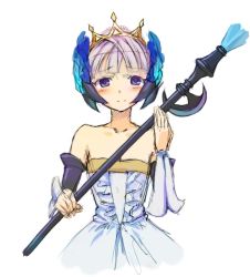 Rule 34 | 1girl, bare shoulders, blue eyes, blush, crown, detached sleeves, drawfag, dress, elbow gloves, female focus, gloves, gown, gwendolyn (odin sphere), hair ornament, hair up, holding, no choker, non-web source, odin sphere, purple hair, short hair, silver hair, smile, solo, staff, strapless, strapless dress, vanillaware, weapon, white dress