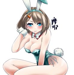 Rule 34 | 1girl, adapted costume, animal ears, bare legs, blue eyes, bow, bowtie, breasts, brown hair, carrot hair ornament, character name, cleavage, commentary request, detached collar, fake animal ears, food-themed hair ornament, green leotard, hair ornament, hairclip, kantai collection, leotard, looking at viewer, maya (kancolle), medium breasts, playboy bunny, rabbit ears, rabbit tail, short hair, side-tie leotard, simple background, sitting, solo, strapless, strapless leotard, tail, udukikosuke, white background, white bow, white bowtie, wrist cuffs