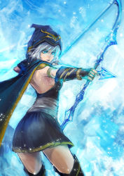 Rule 34 | 1girl, aa2233a, arrow (projectile), ashe (league of legends), blue eyes, boots, bow, bow (weapon), breasts, cape, drawing bow, highres, holding bow (weapon), hood, ice, league of legends, light particles, sideboob, silver hair, snow, solo, thigh boots, thighhighs, weapon