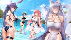 Rule 34 | 4girls, :d, absurdres, alternate costume, alternate hairstyle, animal ear fluff, animal ears, arm strap, arm up, ass, azur lane, bare shoulders, bikini, black bikini, black hair, black one-piece swimsuit, blue choker, blue eyes, blue hair, blue sky, blush, bow, breasts, choker, cleavage, closed mouth, clothes lift, clothing cutout, cloud, collarbone, commentary, covered navel, day, detached sleeves, english commentary, fake animal ears, fishnets, fox ears, fox girl, fox tail, frilled bikini, frilled hairband, frills, full body, groin, hair between eyes, hair bow, hair intakes, hair ornament, hairband, hand on own chest, hand on own hip, highres, horns, irkawaza, kitsune, large breasts, large tail, long hair, looking at viewer, low twintails, manjuu (azur lane), medium breasts, midriff, multiple girls, multiple tails, navel, new jersey (azur lane), ocean, one-piece swimsuit, open mouth, outdoors, partially submerged, perseus (azur lane), pink eyes, pink hair, ponytail, purple eyes, rabbit ears, red horns, sarong, sarong lift, see-through, see-through sleeves, shinano (azur lane), shiny skin, short hair, side cutout, sidelocks, skindentation, sky, smile, standing, swimsuit, tail, thigh strap, twintails, ulrich von hutten (azur lane), very long hair, wading, waistcoat, wet, white bikini, white tail, yellow eyes