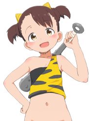Rule 34 | 10s, 1girl, :d, akamatsu yui, bottomless, brown eyes, brown hair, bubukka, club, club (weapon), hand on own hip, head tilt, horns, kanabou, looking at viewer, mitsuboshi colors, navel, open mouth, over shoulder, shirt, short hair, short twintails, simple background, single-shoulder shirt, single bare shoulder, single strap, smile, solo, twintails, upper body, weapon, weapon over shoulder, white background