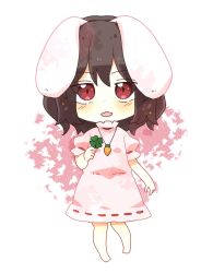 Rule 34 | 1girl, animal ears, barefoot, blush, brown hair, carrot necklace, chibi, clover, commentary request, dress, four-leaf clover, full body, highres, holding, inaba tewi, jewelry, looking at viewer, necklace, open mouth, pink dress, puffy short sleeves, puffy sleeves, rabbit ears, red eyes, ribbon-trimmed dress, ribbon-trimmed sleeves, ribbon trim, short sleeves, solo, totoharu (kujirai minato), touhou
