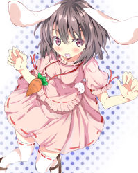 Rule 34 | 1girl, aa44, animal ears, bad id, bad pixiv id, blush, brown hair, carrot, carrot necklace, dress, female focus, highres, inaba tewi, jewelry, necklace, open mouth, pendant, pink dress, polka dot, polka dot background, purple eyes, rabbit ears, rabbit girl, rabbit tail, short hair, solo, tail, thighhighs, touhou, white thighhighs, zettai ryouiki
