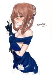 Rule 34 | 1girl, ayul (ayulneri 92), bad id, bad pixiv id, blush, breasts, brown hair, champagne flute, cleavage, cup, dress, drinking glass, evening gown, girls&#039; frontline, gloves, green eyes, hair bun, highres, official alternate costume, sideboob, sidelocks, simple background, single hair bun, smile, springfield (girls&#039; frontline), springfield (queen in radiance) (girls&#039; frontline), springfield (senjuushi), white background