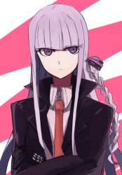 Rule 34 | 1girl, aoki shizumi, black gloves, black jacket, black ribbon, blunt bangs, braid, closed mouth, commentary request, crossed arms, danganronpa: trigger happy havoc, danganronpa (series), frown, gloves, hair ornament, hair ribbon, jacket, kirigiri kyoko, long hair, long sleeves, looking at viewer, necktie, open clothes, pink background, pink ribbon, purple eyes, purple hair, ribbon, shirt, side braid, single braid, solo, two-tone background, upper body, white shirt