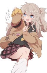 Rule 34 | 1girl, aqua nails, black shirt, blue eyes, blush, brown cardigan, cardigan, collared shirt, fang, feet out of frame, gyaru, highres, jewelry, kasukabe tsumugi, light brown hair, long hair, looking at viewer, loose socks, miniskirt, mole, mole under eye, nail polish, necklace, necktie, off shoulder, one side up, open cardigan, open clothes, open mouth, plaid, plaid skirt, scrunchie, shirt, simple background, skirt, smile, socks, solo, sumiyao (amam), sweatdrop, translation request, voicevox, white background, wrist scrunchie, yellow necktie
