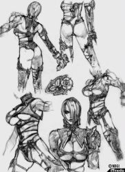 Rule 34 | 1girl, armor, ass, breasts, cleavage, concept art, gloves, greyscale, hair over one eye, isabella valentine, large breasts, monochrome, soul calibur, soulcalibur, soulcalibur iv, sword, thighhighs, underboob, weapon, whip, whip sword