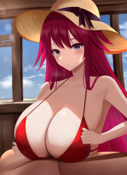 Rule 34 | 1boy, 1girl, azur lane, bikini, breasts, breasts squeezed together, chitose (azur lane), chitose (summer shine) (azur lane), cleavage, closed mouth, collarbone, hat, hetero, highres, huge breasts, indoors, long hair, minato81345, official alternate costume, paizuri, paizuri under clothes, purple eyes, red bikini, red hair, solo focus, string bikini, sun hat, swimsuit