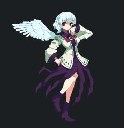 Rule 34 | 1girl, 4qw5, black background, bow, bowtie, braid, french braid, kishin sagume, pixel art, red eyes, single wing, solo, standing, touhou, white hair, wings