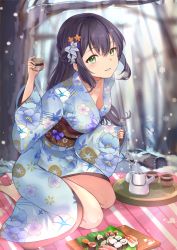 Rule 34 | 1girl, arm up, bare tree, barefoot, black choker, blue kimono, blurry, blurry background, braid, breasts, brown hair, choker, commentary, cup, day, depth of field, fingernails, floral print, flower, food, green eyes, hair between eyes, hair flower, hair ornament, highres, holding, holding cup, japanese clothes, kimono, long hair, long sleeves, medium breasts, mosta (lo1777789), obi, orange flower, original, outdoors, pinching sleeves, print kimono, sash, sidelocks, sleeves past wrists, snow, snowflakes, snowing, solo, sushi, symbol-only commentary, teapot, tray, tree, very long hair, wide sleeves