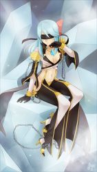 Rule 34 | 1girl, bdsm, blindfold, blue hair, bondage, boots, bound, bow, breasts, chain, cleavage, cuffs, gloves, hair bow, high heels, ice, jewelry, long hair, meago, midriff, navel, necklace, ragnarok online, shoes, signature, sitting, small breasts, solo, thigh boots, thighhighs, warlock, warlock (ragnarok online)