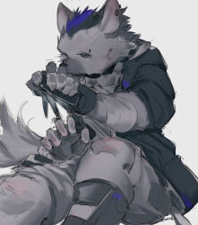 Rule 34 | 1boy, absurdres, arknights, bandaged leg, bandages, black eyes, black footwear, black gloves, black jacket, closed mouth, commentary, fingerless gloves, furry, furry male, gloves, grey background, grey shirt, highres, hyena boy, jacket, looking at viewer, male focus, multicolored hair, p7ywirzyw8lesuc, shirt, sitting, solo, spot (arknights), streaked hair