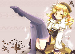 Rule 34 | 1girl, blonde hair, blush, closed mouth, commentary, detached sleeves, drill hair, english commentary, feathers, feet, fingerless gloves, fingernails, foot up, gloves, hair ornament, hat, legs, long hair, magical girl, mahou shoujo madoka magica, mahou shoujo madoka magica (anime), mushi baibai, no shoes, panties, pantyshot, puffy sleeves, simple background, sitting, skirt, smile, solo, striped clothes, striped thighhighs, thighhighs, tomoe mami, tomoe mami (magical girl), twin drills, twintails, underwear, vertical-striped clothes, vertical-striped thighhighs, white panties, yellow eyes, yellow nails
