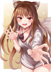 Rule 34 | 1girl, animal ear fluff, animal ears, brown hair, collarbone, highres, holo, irohara, jewelry, long hair, long sleeves, looking at viewer, necklace, open mouth, puffy long sleeves, puffy sleeves, red eyes, simple background, smile, solo, spice and wolf, tail, teeth, wolf ears, wolf girl, wolf tail