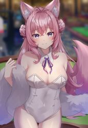 Rule 34 | 1girl, :3, animal ear fluff, animal ears, antenna hair, bare shoulders, blurry, blurry background, blush, bow, braid, braided bun, breasts, casino, casino card table, cleavage, commentary request, covered navel, cowboy shot, crown braid, detached collar, double bun, feather boa, hair bun, hakui koyori, highres, hololive, indoors, large breasts, leotard, long hair, looking at viewer, pendora1022, pink hair, pink tail, playboy bunny, purple bow, purple eyes, smile, solo, strapless, strapless leotard, table, tail, virtual youtuber, white leotard, wolf ears, wolf girl, wolf tail