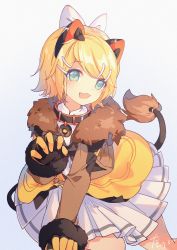 Rule 34 | 1girl, absurdres, all fours, animal ears, black gloves, blonde hair, blue eyes, brown jacket, chaji xiao bai, claw pose, collar, commentary, fang, fur-trimmed gloves, fur-trimmed jacket, fur trim, gloves, hair ornament, hairclip, hand up, highres, jacket, kagamine rin, lion ears, lion tail, looking at viewer, magical mirai (vocaloid), magical mirai rin, open mouth, pleated skirt, short hair, skin fang, skirt, smile, solo, swept bangs, symbol-only commentary, tail, two-tone gloves, vocaloid, white background, white skirt, yellow gloves, yellow skirt