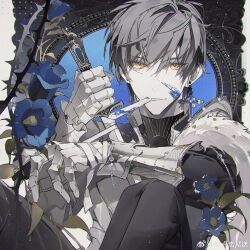 Rule 34 | 1boy, absurdres, armor, bai qi (love and producer), bandages, blood, blood on face, blue blood, blue flower, breastplate, cape, chain, closed mouth, cross, cross earrings, earrings, feet out of frame, flower, fur-trimmed cape, fur trim, gauntlets, greyscale, hair between eyes, highres, holding, holding sword, holding weapon, jewelry, knees up, leaf, light particles, looking at viewer, love and producer, male focus, monochrome, mouth hold, official art, pants, parted lips, pauldrons, reverse grip, shirt, short hair, shoulder armor, side cape, single earring, smile, solo, spot color, ssr dianji jiu song, sword, throne, turtleneck, weapon, weibo logo, weibo watermark, yellow eyes